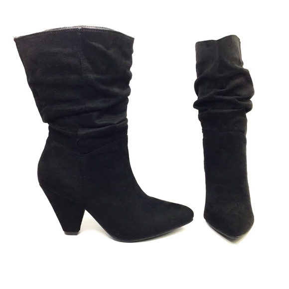 Nature Breeze Shoes - Faux Suede Slouchy Cone Heel Calf Boots
